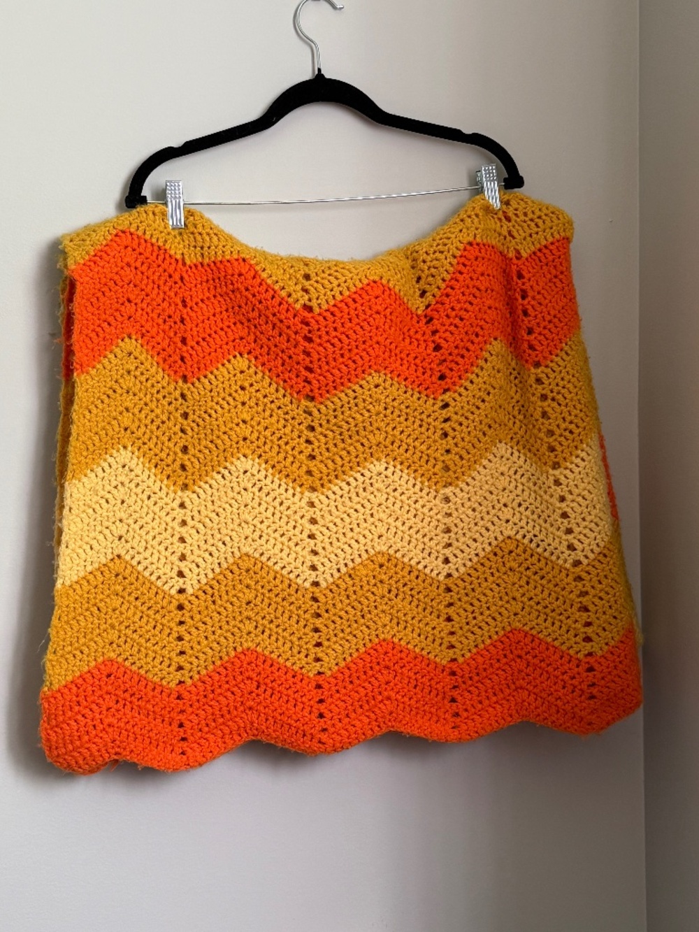 49x84" Handmade Yellow Orange Chevron Vintage Knit Blanket MCM Home Decor